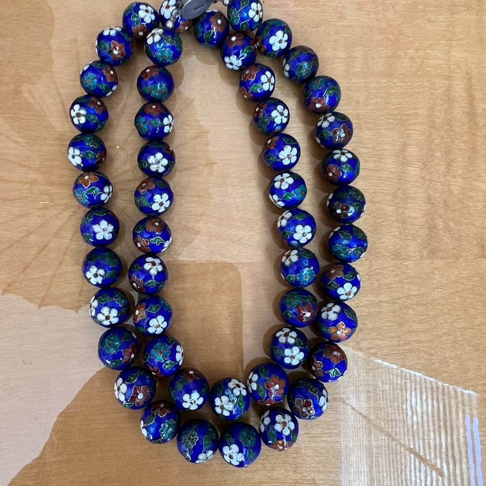 Cloisonné Blue Floral Enamel Beaded Necklace